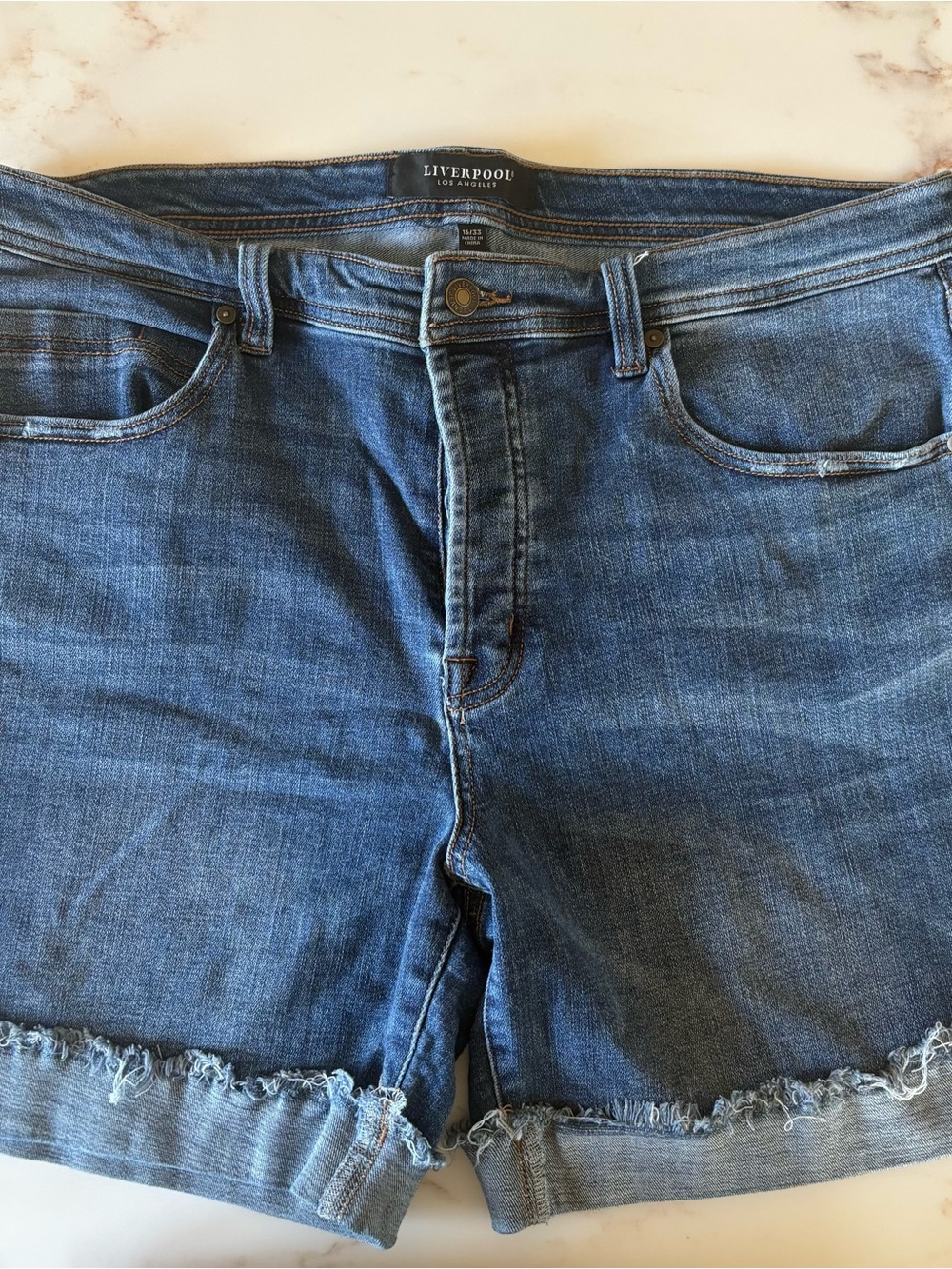 Liverpool Los Angeles Denim Shorts Size 16/33 Distressed Cuffed Stretch